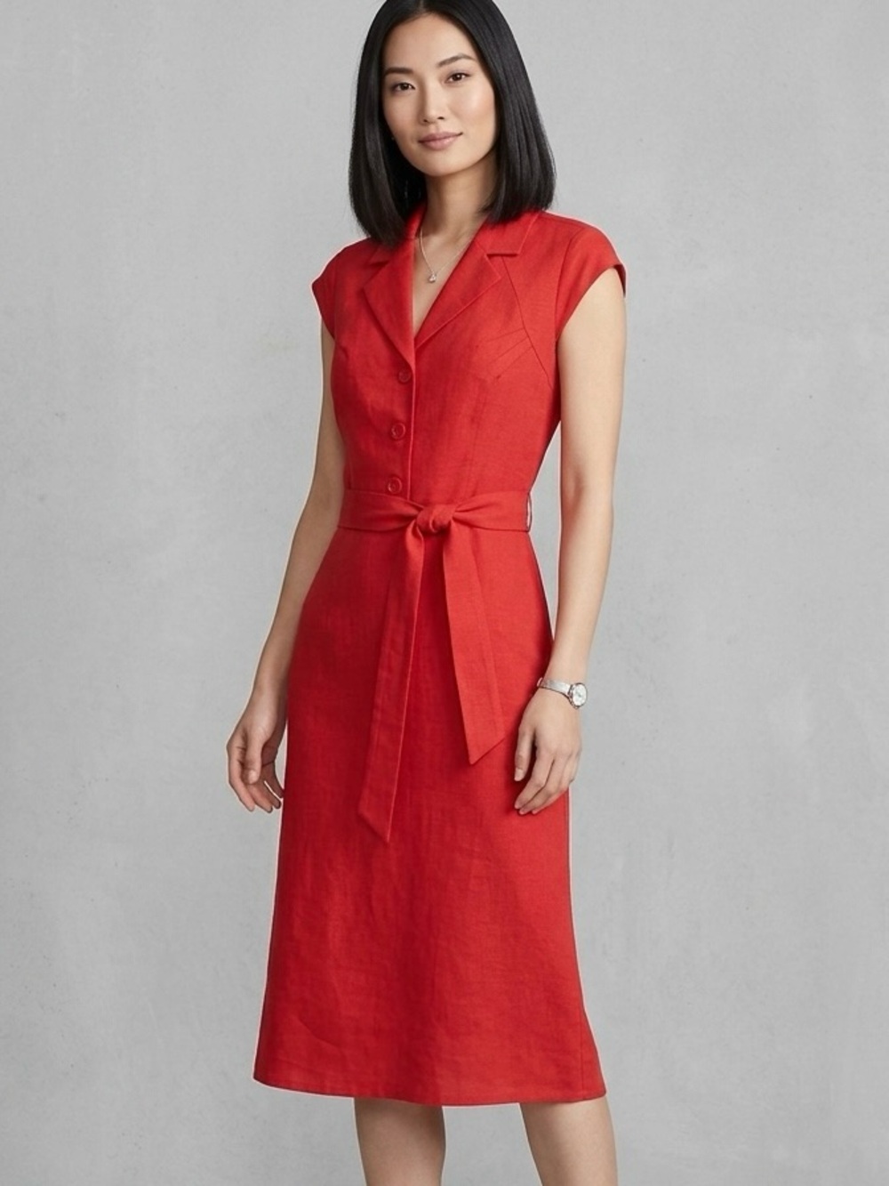 Vintage Calvin Klein Poppy Red Linen Midi Dress 4 Minimalist 90s Belted NWOT